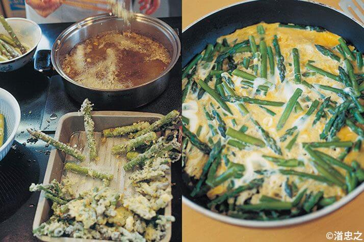 （左から）アスパラガスの天ぷら、オムレツ