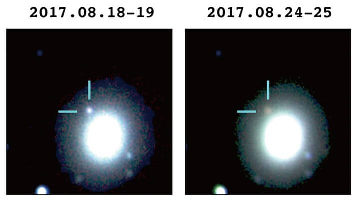 日本の重力波追跡観測チームによって撮影された重力波源が減光していく様子。ハワイのすばる望遠鏡、南アフリカのIRSF望遠鏡のデータを三色合成した画像。（提供・国立天文台/名古屋大学）