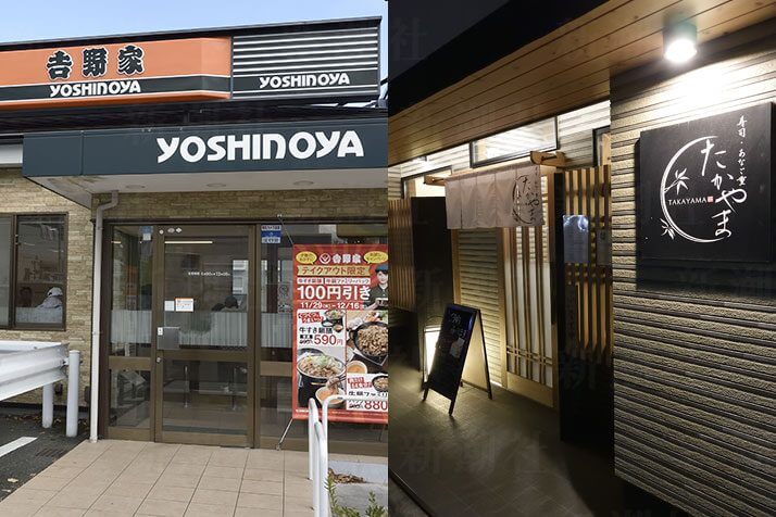 （1）吉野屋（2）地元平塚の寿司店