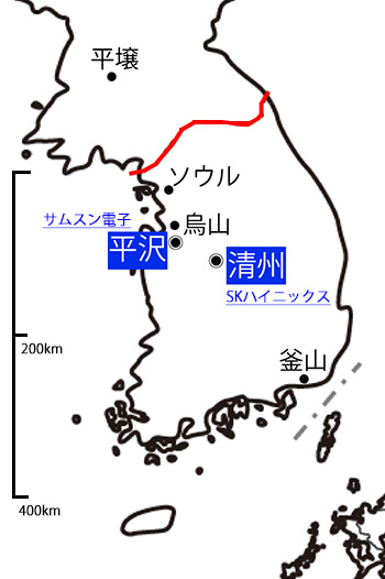 韓国の半導体工場の位置