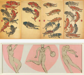 上／棟方志功《群鯉図》　下／猪熊弦一郎《無題》