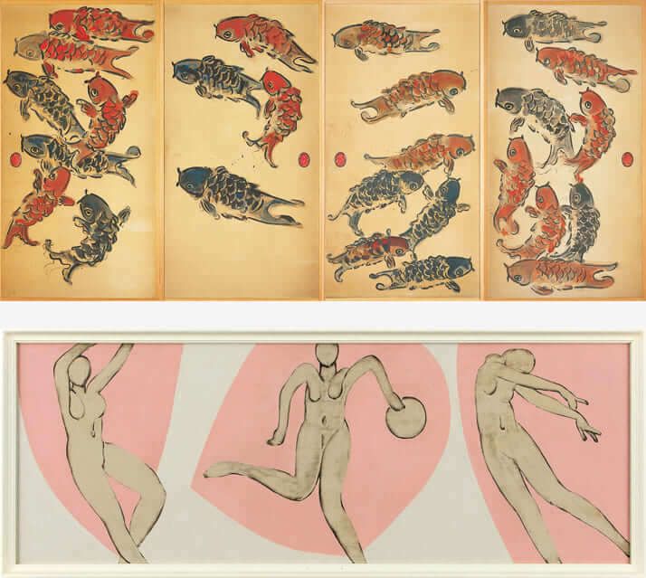 上／棟方志功《群鯉図》　下／猪熊弦一郎《無題》