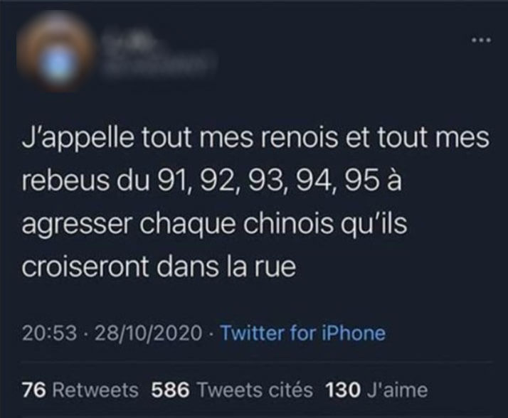 フランスで アジア人襲撃 を呼びかけるツイートが拡散 本当の標的は中国人 デイリー新潮 Goo ニュース フランスで アジア人襲撃 を呼びかけるツイートが拡散 本当の標的は中国人 デイリー新潮 Goo ニュース