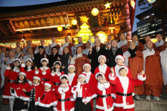 滑稽な曹渓寺の山門のクリスマスツリー