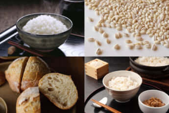 白米、もち麦、全粒粉パン