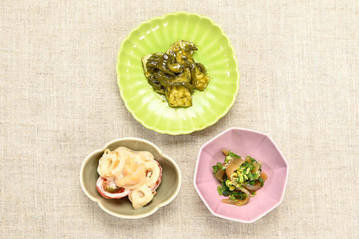 鮑肝ベースの烏賊の塩辛、青唐の烏賊醤油漬け、帆立ベースの烏賊の塩辛