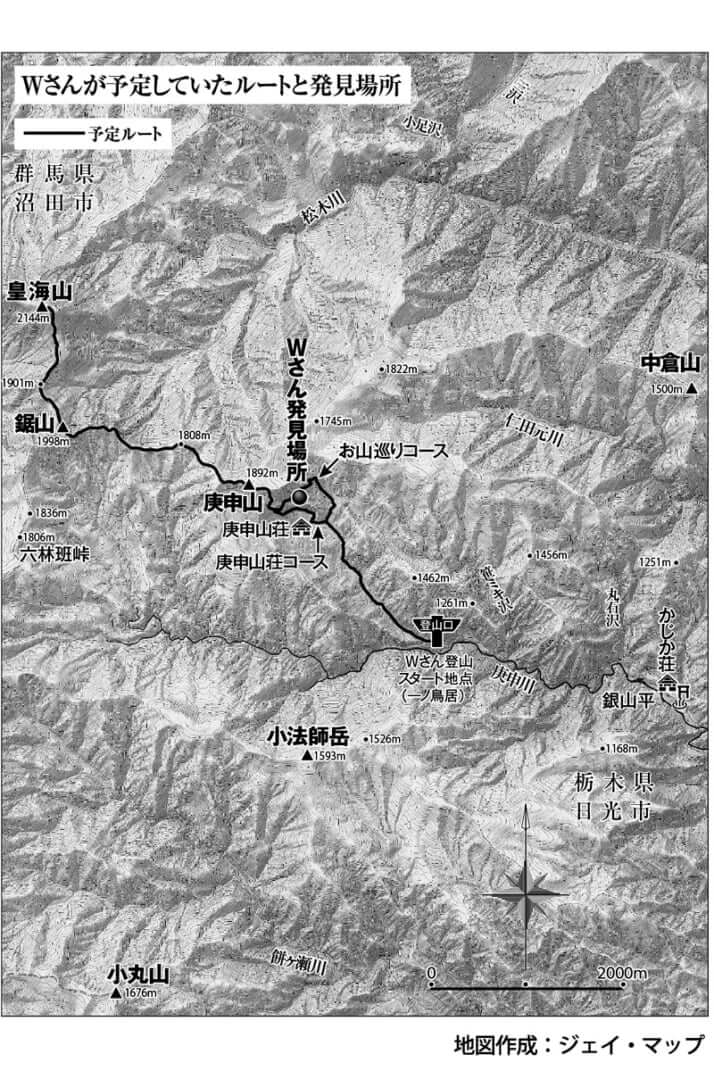 登山ルートと発見場所の地図