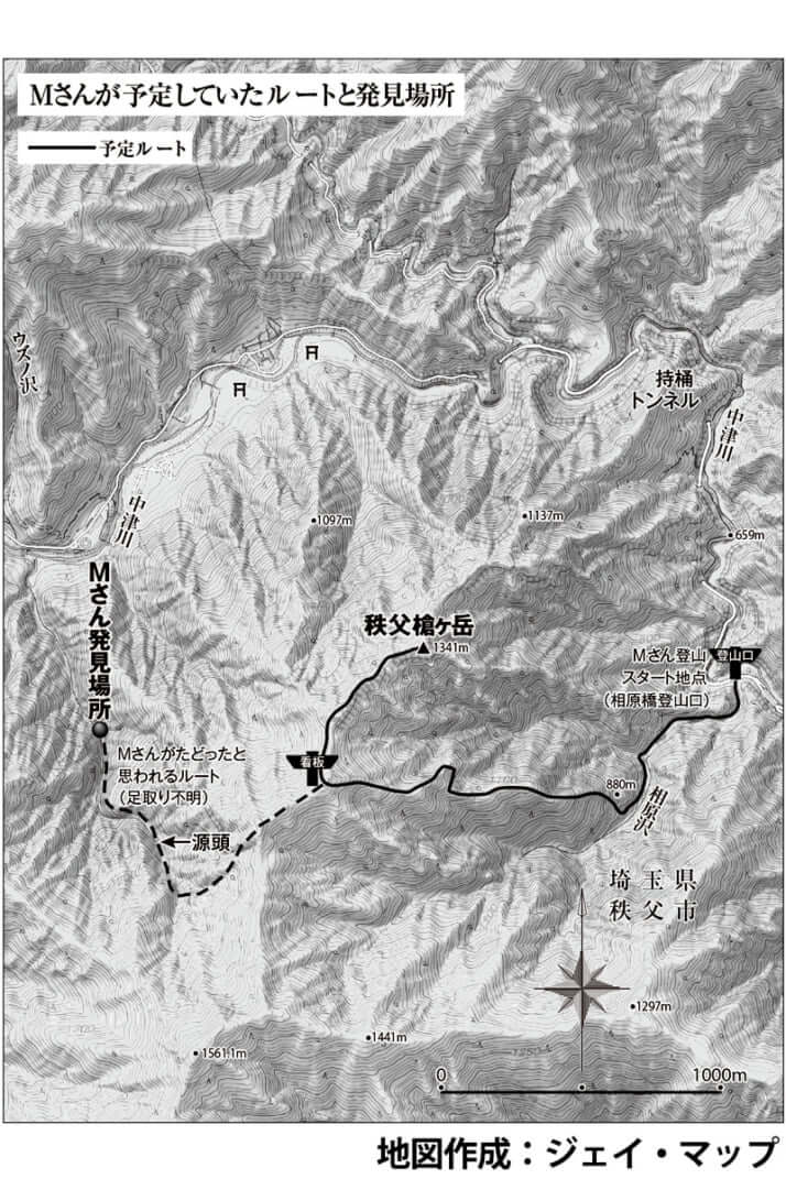 遭難者のMさんが予定していたルートと発見場所