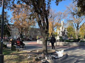 ミサイルが命中した建物のすぐ向かいにある公園
