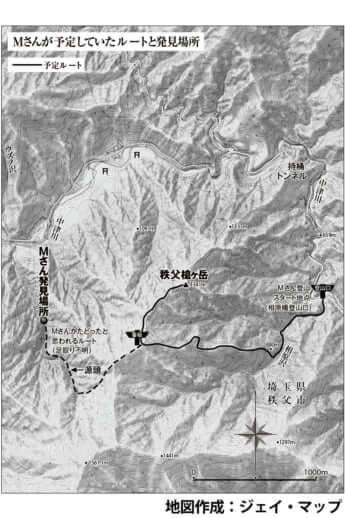 Mさんが予定してたルートと発見場所の図