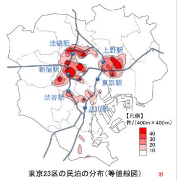 東京23区の民泊の分布（等値線図）