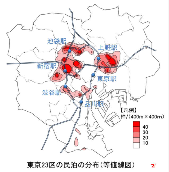 東京23区の民泊の分布（等値線図）