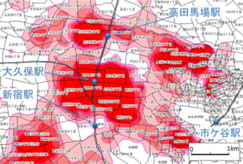 新宿区内の民泊の分布（等値線図）