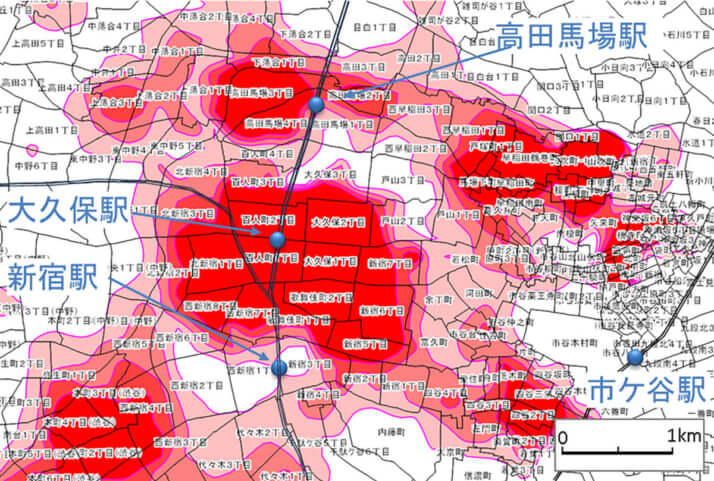 新宿区内の民泊の分布（等値線図）