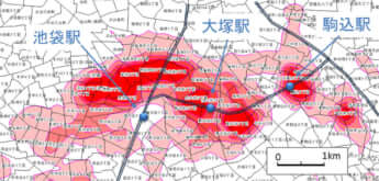 豊島区内の民泊の分布（等値線図）