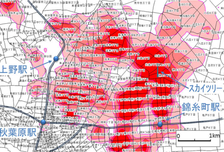 墨田区・台東区内の民泊の分布（等値線図）