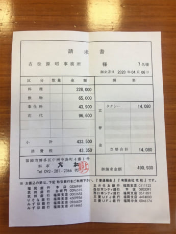 食事会の請求書