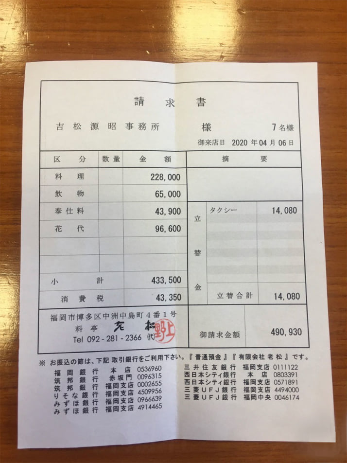 食事会の請求書
